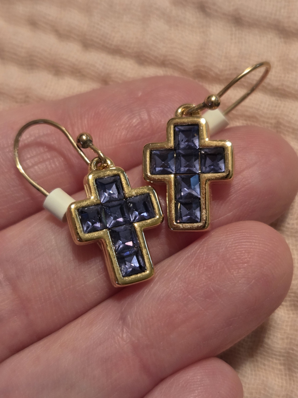 Goldtone Cross Dangle Earrings with Purple Swarovski Crystal Inlays Stones